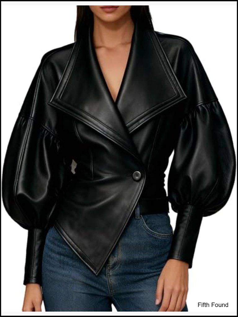 Cropped Faux Leather Bomber Jacket With Puff Sleeves